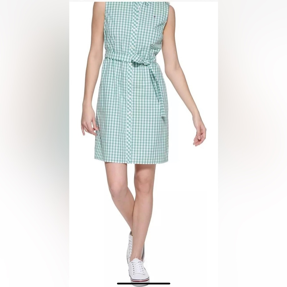 🌴TOMMY HILFIGER CHECKED BUTTON DOWN SLEEVELESS TIE FRONT SHIRT DRESS NWT - Picture 4 of 11